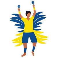 African American man or Latin America man is dancing in carnival costume with maracas in blue and yellow color. Vector illustration.