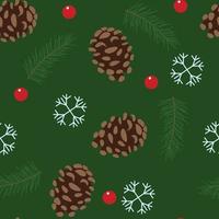 Seamless Christmas pattern with cone and snowflakes and berry on dark green background. Vector illustration.