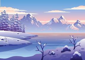 ilustración de paisaje de invierno nevado con lago, pinos y montañas vector