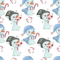 Cute christmas snowmen in knitted hats cartoon seamless pattern vector