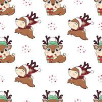 seamless pattern with cute cartoon christmas reindeer in knitted santa hat and gifts vector