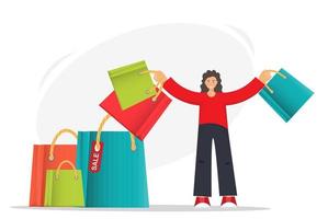 mujer feliz con bolsas de compras haciendo compras, concepto de compras, comercio electrónico, venta flash, descuento, pago sin efectivo, digital, vector de ilustración plana