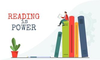 Young happy tiny man, student reading books at the library, reading is power concept, flat vector illustration