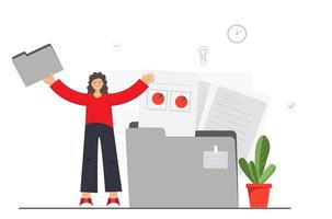 Young woman standing with documents, sorting documents in folder online, digital data storage, network workflow concept, online file exchange system, flat vector illustration