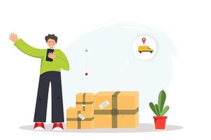 Young man ordering delivery service online via mobile app, online shopping concept, relocation concept, fast delivery service concept, flat vector illustration