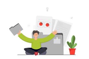 Young man working with laptop, sorting documents in folder online, digital data storage, network workflow concept, online file exchange system, flat vector illustration