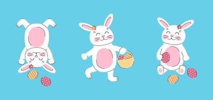 conjunto de conejitos de pascua blancos con huevos en diferentes poses. un lindo conejo se para boca abajo, camina con una canasta, se sienta. ilustración vectorial plana sobre fondo azul vector
