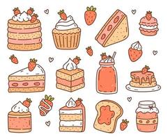 Cute set with strawberry desserts and drinks  isolated on white background. Vector hand-drawn illustration in doodle style. Perfect for cards, logo, decorations, menu, stickers, various designs.
