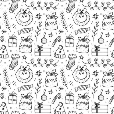 Cute xmas seamless pattern with gifts, festive garlands, baubles, wreaths, Christmas pudding, fir branches and stars. Vector hand-drawn doodle illustration. Perfect for wrapping paper,packaging, decor