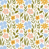 Botanical seamless pattern with meadow flowers, leaves and branches. Vector illustration in hand-drawn flat style. Perfect for decorations, wallpaper, wrapping paper, fabric. Floral background.