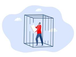 Businessman try use eraser in cage Businessman try use eraser area line to Exit from comfort zone him thinking,motivational success new life vector illustration, vector illustrator.
