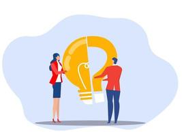 problem solving concept, business people standing with question marks then help hand put the lamp halfway to solve the bright problem. Creative.vector design illustration. vector