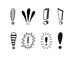 Hand drawn exclamation marks set. Hazard warning hand draw symbol. Attention doodle icons. Exclamations marks icons. Vector illustration isolated in doodle style on white background