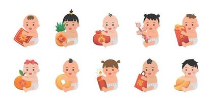 Set of happy and cute babies or toddlers with elements of Chinese new year, red paper bag with gold coins and gold ingots vector