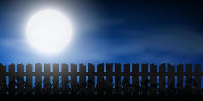 grass silhouette with full moon and wood fence vector