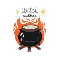 Witches Cauldron on the Fire. Lettering Witch cauldron Season Holiday. Halloween kids graphic. Cartoon flat vector clipart