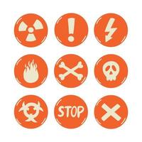 Warning caution orange danger signs. Circle symbols attention, radiation, flammable, deadly, stop, prohibition. Doodle flat vector clipart
