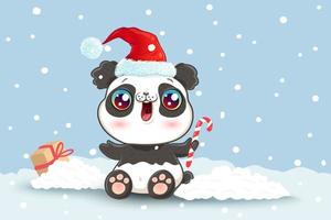 Panda on snow in kawaii style for Christmas vector
