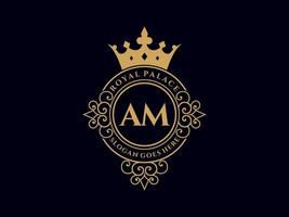 Letter AM Antique royal luxury victorian logo with ornamental frame. vector