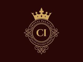 Letter CI Antique royal luxury victorian logo with ornamental frame. vector