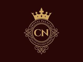 Letter CN Antique royal luxury victorian logo with ornamental frame. vector