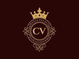 Letter CV Antique royal luxury victorian logo with ornamental frame. vector