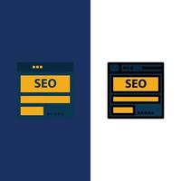 alojamiento de datos del servidor del sitio web iconos de tecnología seo plano y lleno de línea conjunto de iconos vector fondo azul