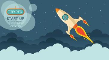 Rocket flying over clouds with bitcoin vector