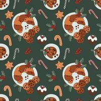 Sweet Christmas and Happy New Year retro style seamless pattern with candies and gingerbread. Vector illustration.