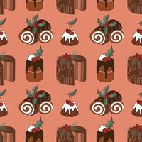 Chocolate Christmas desserts with berries seamless holiday pattern vector