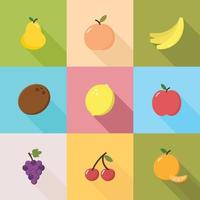 A set of simple icons featuring fruit and berries with shadows. The concept of a healthy, proper diet. Vector