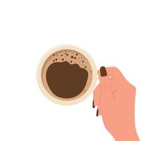 Female hand holding a cup of hot black coffee, banner concept, flat design vector illustration, isolated on white background