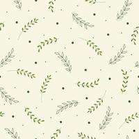 Seamless pattern with vegetation, branches with leaves in olive, soft green. Vector