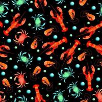 Vector seamless pattern with sea animals on black background.