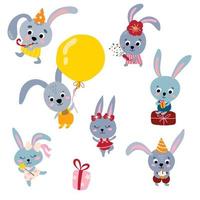 Cute set of funny hares. A party. White background, isolate. Drawn style. Vector illustration.