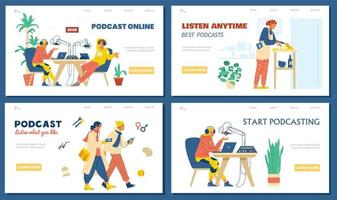 Podcast set of landing page templates.  People recording podcast show and listening to audio in headphones. vector