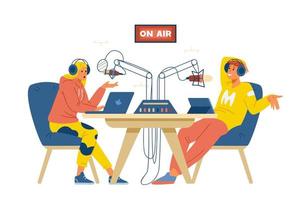 Podcast flat vector illustration. Podcasters recording podcast show in studio. Isolated on white.
