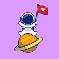 lindo astronauta sentado en el planeta con la ilustración de icono de vector de dibujos animados de bandera de amor. concepto de icono de ciencia de personas vector premium aislado. estilo de dibujos animados plana