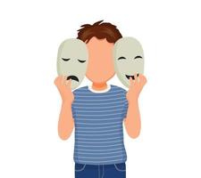 Young man suffer from bipolar disorder manic depression with two faced expressions of happy and sad face showing in facial mask vector