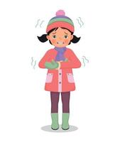 cute little girl feeling cold trembling wear warm winter clothes vector