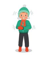 cute little boy feeling cold trembling wear warm winter clothes vector