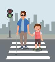 lindo niño ayudando a un ciego a cruzar la calle en el tráfico peatonal vector