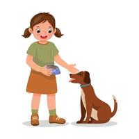 cute little girl feeding her dog pet with animal food vector