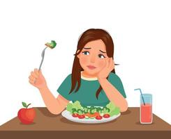 la joven no tiene apetito para comer comida sentada frente al desayuno en la mesa vector