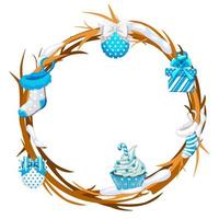 Cartoon circle of twigs with Christmas attributes.Vector New Years decorative circle vector