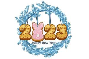 Blue wreath spruce Happy New Year, cookie 2023 year rabbit vector