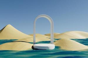Abstract landscape with arch and podium on the background of desert and water. photo