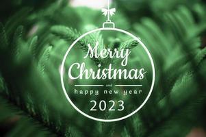feliz navidad y feliz año nuevo texto en rama de abeto, ideal para tarjetas de navidad foto