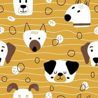 Cute dog faces on yellow background in Scandinavian style with the abstract elements. Seamless kids pattern with pets. The print is ideal for a changing room, nursery room, wallpaper, wrapping paper vector