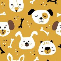 Cute dog faces on yellow background in Scandinavian style. Seamless kids pattern with pets. The print is ideal for a changing room, nursery room, wallpaper, wrapping paper, or fabric. vector